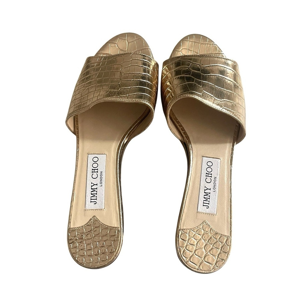 Jimmy Choo Deedee Metallic Cork Platform Sandals Gold Croc Embossed Glam Resort - Picture 13 of 15